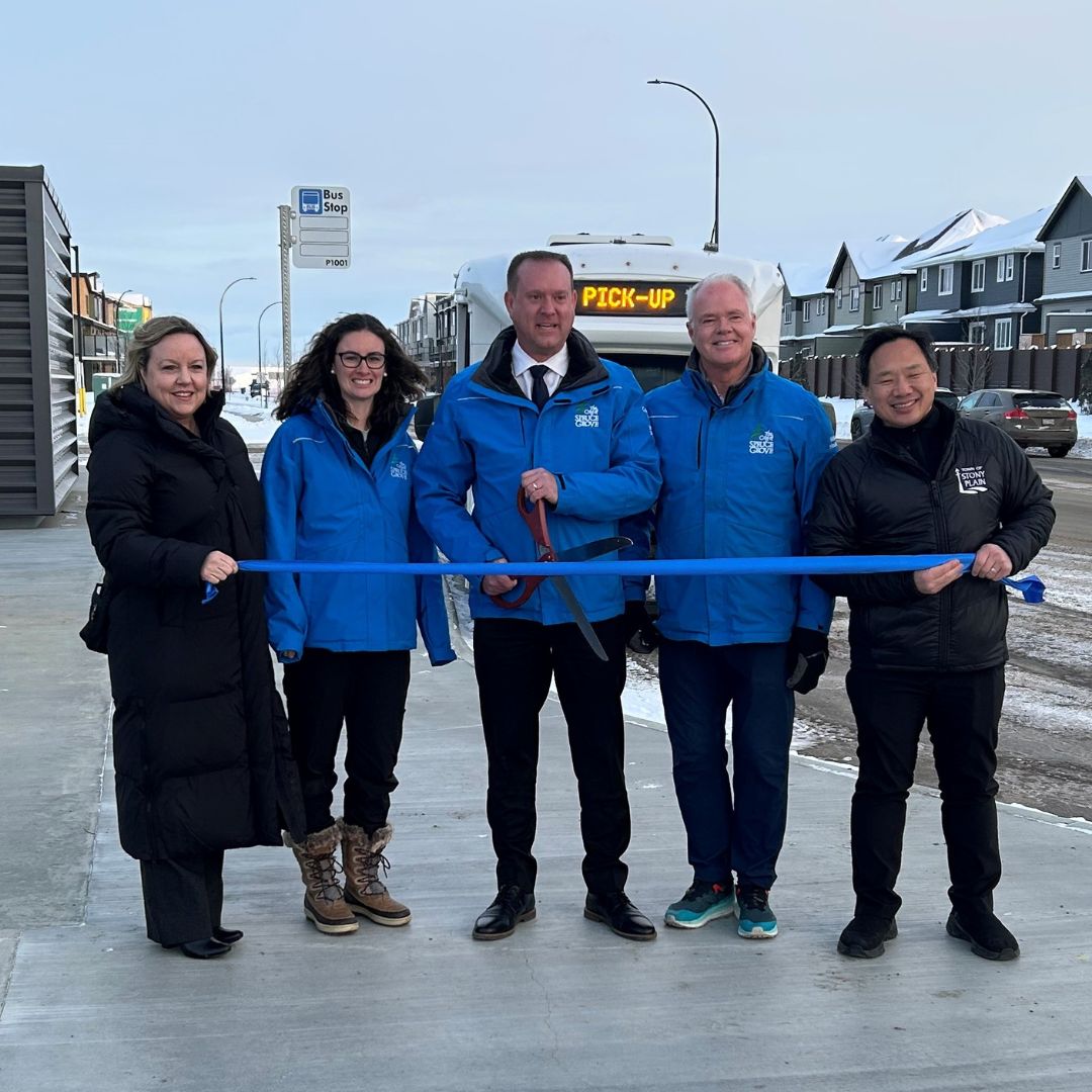 Spruce Grove Mayor Jeff Acker and members of City Council, along with Stony Plain Mayor William Choy, celebrated the completion of the new Spruce Grove Transit Centre with an official ribbon cutting event on November 27. The Transit Centre officially opened to transit riders on December 2.
