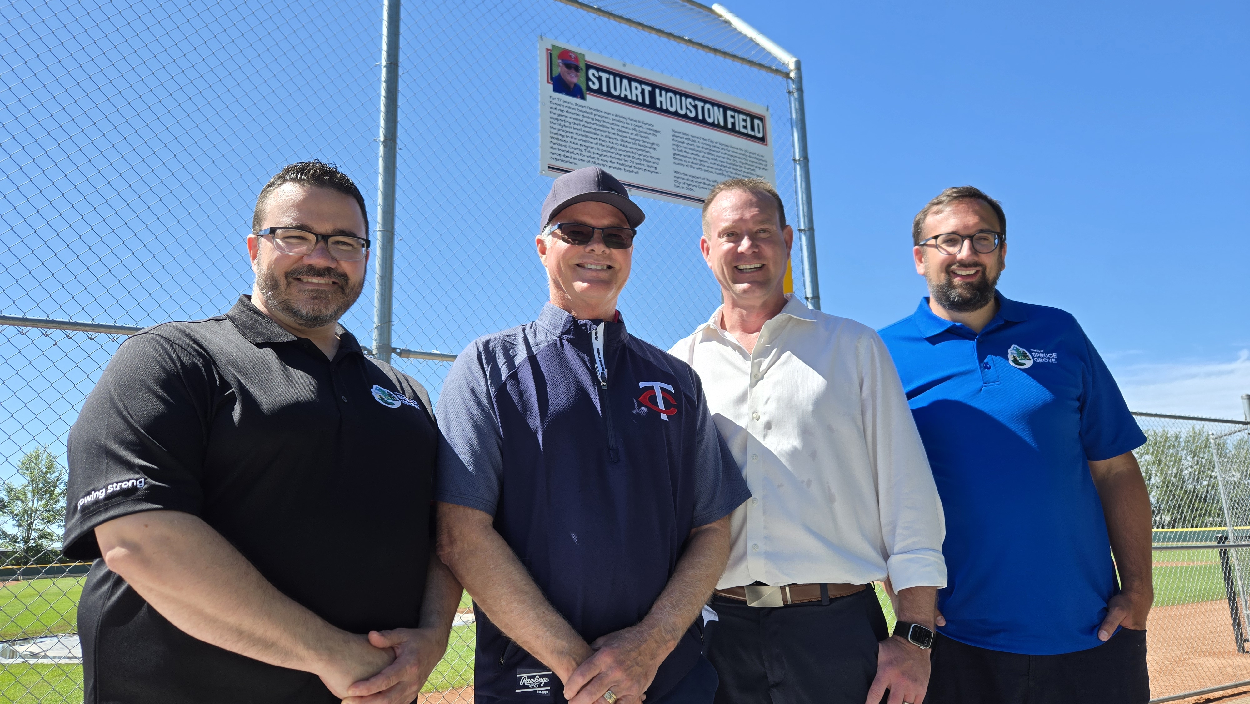 From left to right: Councillor Brad Mastaler, Stuart Houston, Mayor Jeff Acker and Councillor Spencer Bennett were in attendance for the Stuart Houston Field naming ceremony on July 2, 2026.