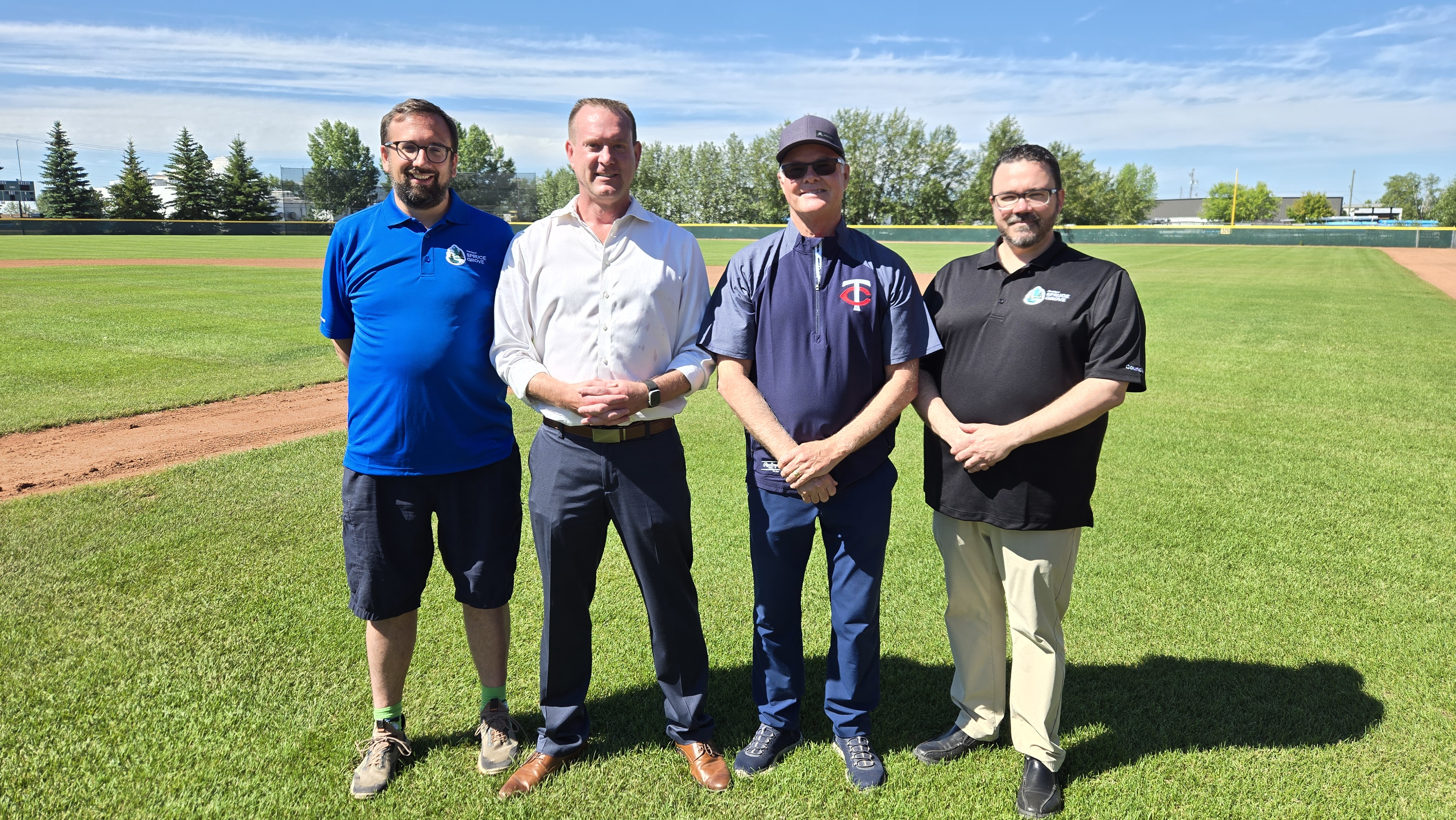 From left to right: Councillor Spencer Bennett, Mayor Jeff Acker, Stuart Houston and Councillor Brad Mastaler were in attendance for the Stuart Houston Field naming ceremony on July 2, 2026.