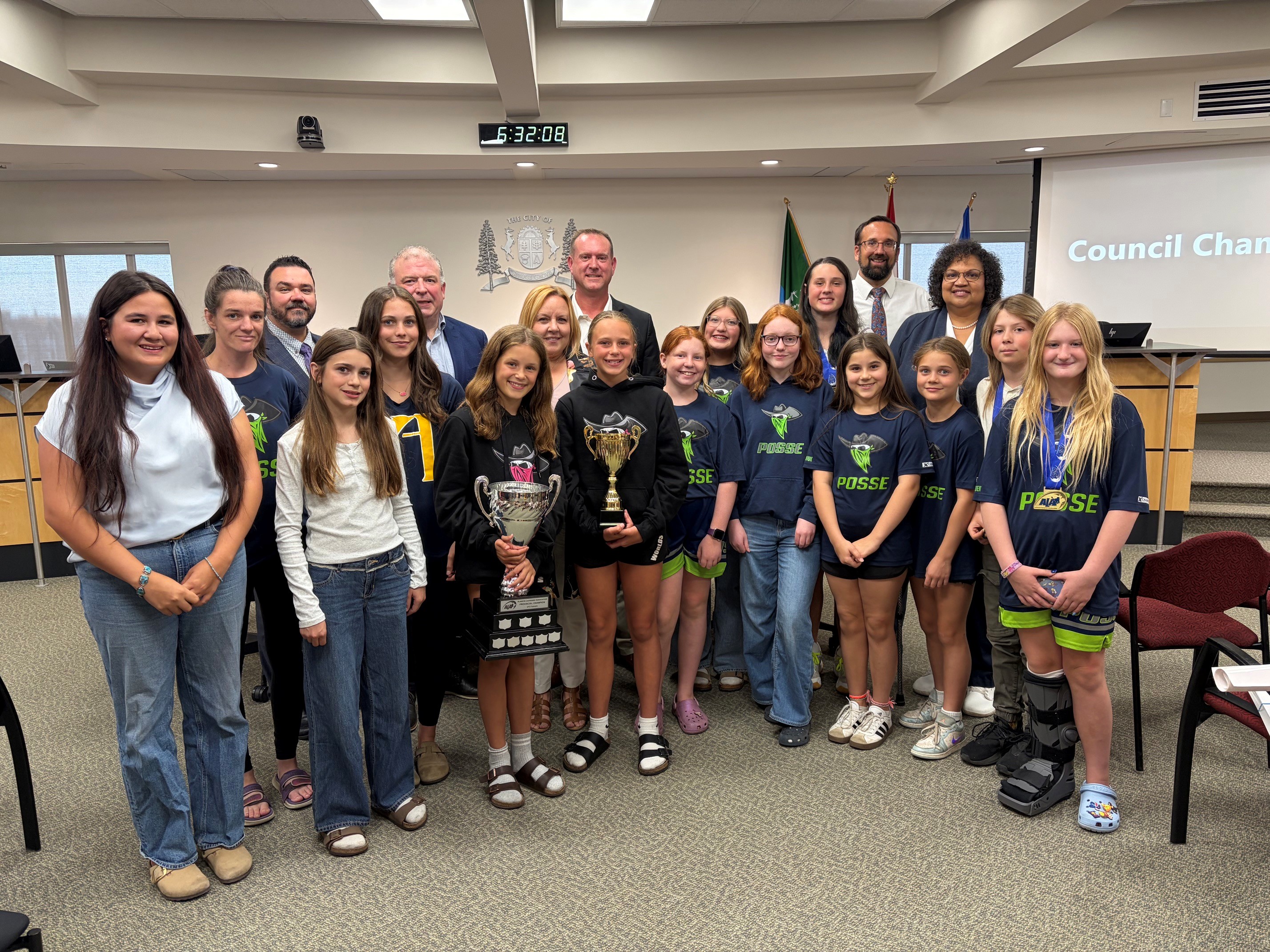 A Certificate of Outstanding Achievement was presented to the Parkland Posse U13F team in recognition of their efforts this season. The Parkland Posse captured the gold medal at the Calgary Girls Rock Tournament, the Greater Edmonton Lacrosse Council League, and at the Alberta Lacrosse Provincials in June.